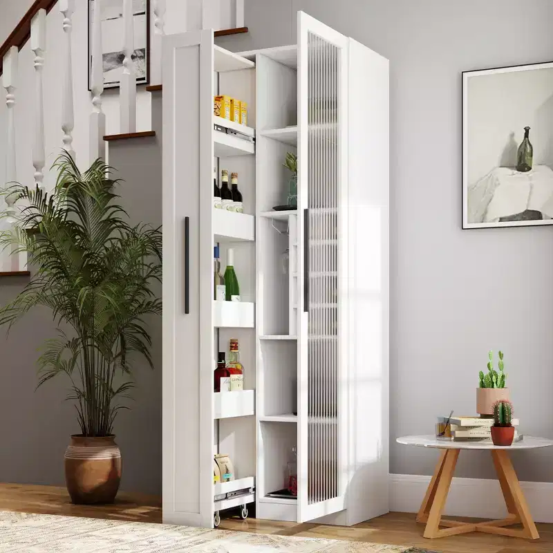 GDFStudio Dillon Modern 70.8 Wood Multi-functional Tall Cabinet with Pull-Out Storage Shelves and Wine Shelves