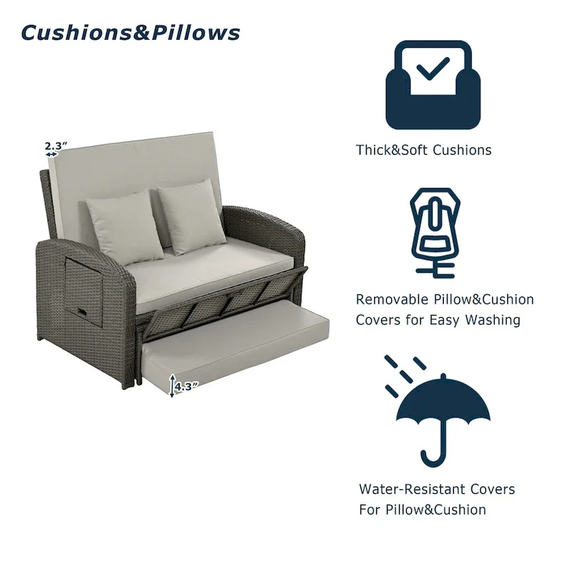 PE Wicker Rattan Double Chaise Lounge, 2-Person Reclining Daybed with Adjustable Back and Cushions, Patio Sun Lounger