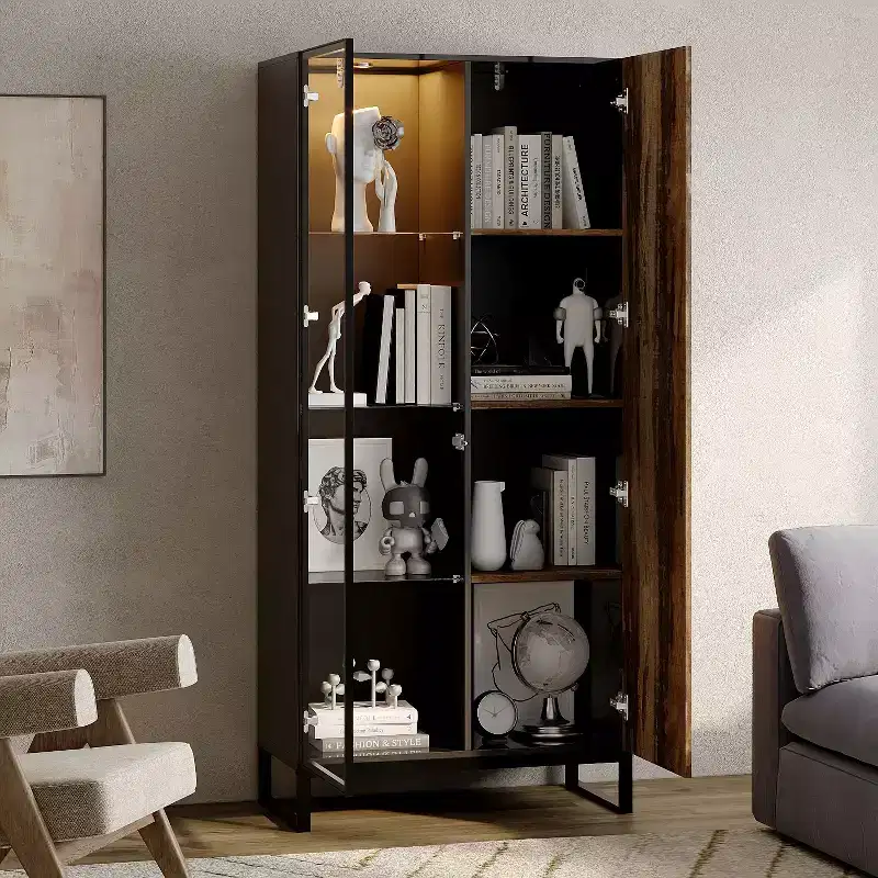 LED-Lighted Display Cabinet Bookcase, Glass Wood Door, Stylish Storage for Decor & Books, Freestanding Cabinet