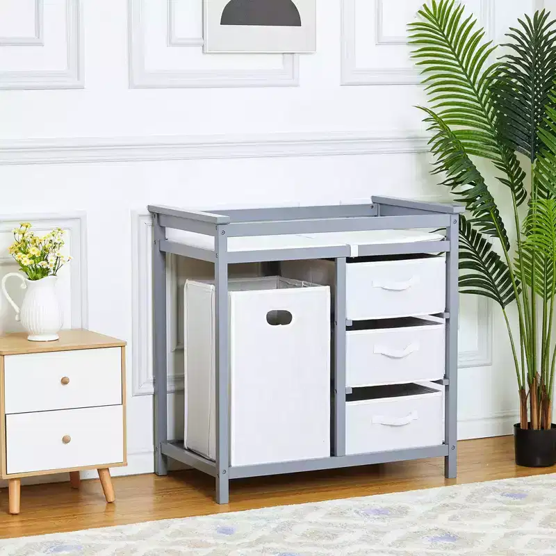 36 Modern Baby Changing Table Dresser with 3 Drawers & Laundry Hamper  Nursery Furniture