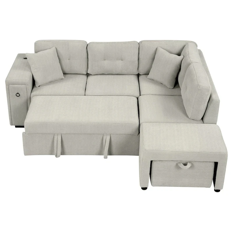 L-Shaped 4-Seat Sectional Sofa with Pull-Out Bed, Ottoman, USB Ports & Drop-Down Table