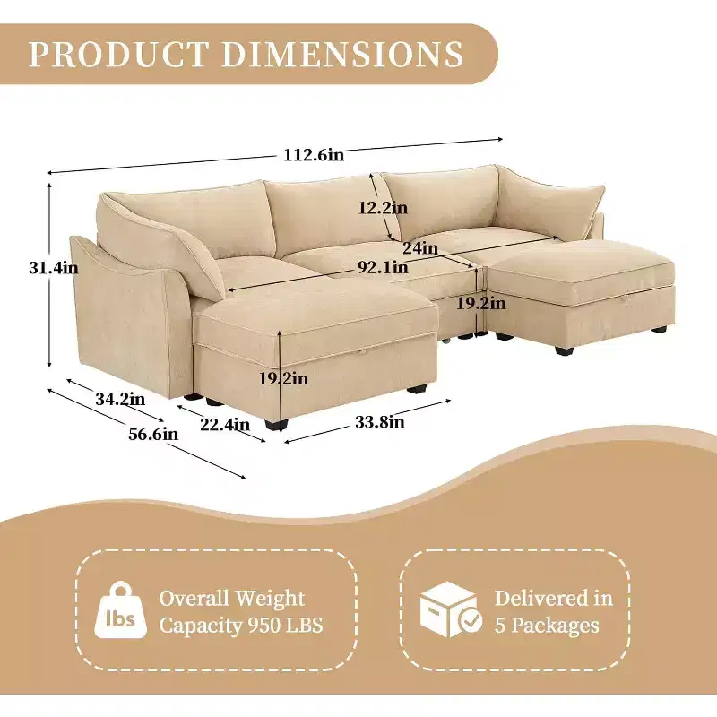 MooxvMoo 112in U Shaped Sectional Couch w/ Pull Out Drawer & Throw Pillows & Storage Ottoman,Couch with Storage,Chenille Sofas for Living Room,Wheat