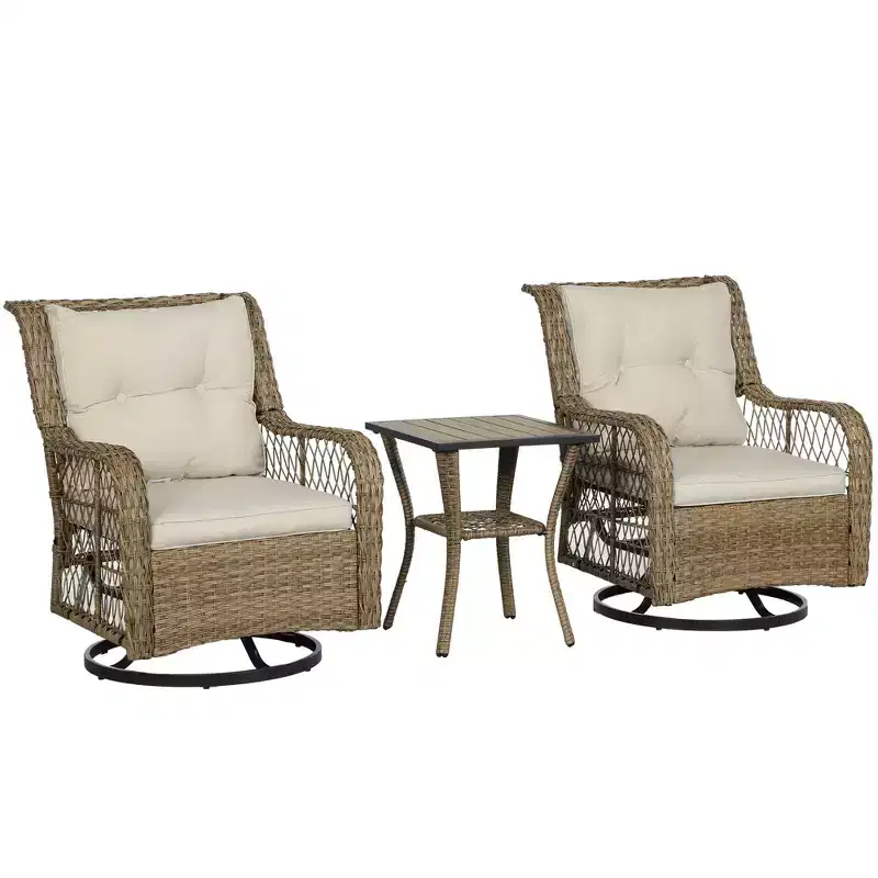 3 Piece Outdoor Bistro Set, Wicker Small Patio Furniture Set with Swivel Glider Chairs for Balcony, Porch