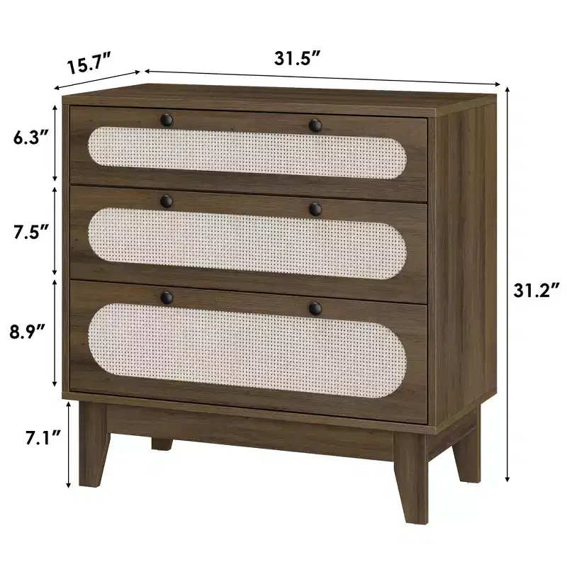 WhizMax 3 Drawer Wood Dresser, Rattan Nightstand Bedside Table