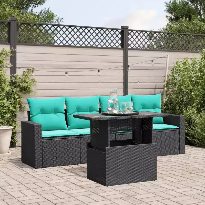 vidaXL Patio Sofa Set with Cushions and Table Outdoor 5 Piece Poly Rattan