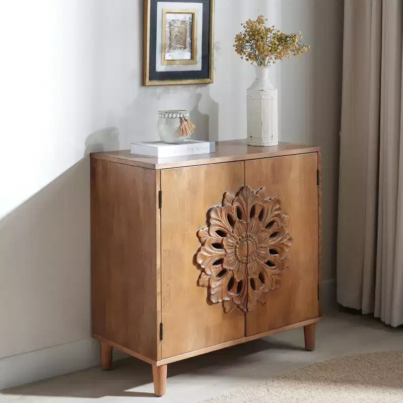 GDFStudio Firae 31'' Bohemian Hand-Carved Wooden 2-Door Storage Cabinet