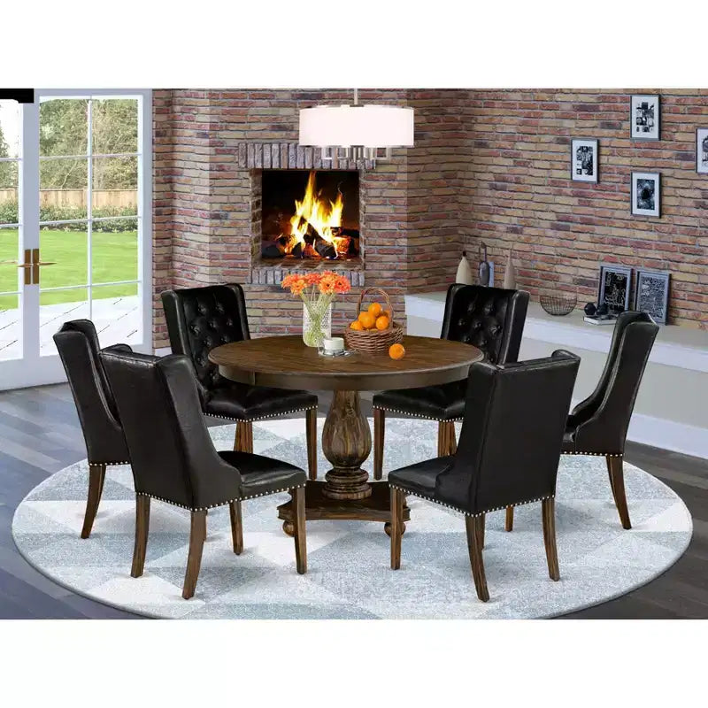 HomeStock 7 Piece Distressed Jacobean Round Dining Set