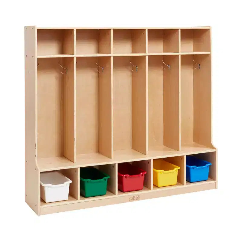 Assorted/Blue/Clear/Contemporary/Earthtone 5-Section Coat Locker with Bench & Scoop Bins, For 5 Kids