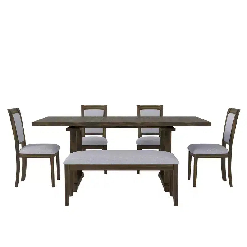 Whisen Updated 6-Piece Rustic Kitchen Extendable Dining Table Set, 76.9 Trestle Dining Table & 4 Upholstered Dining Chairs, 1 Bench