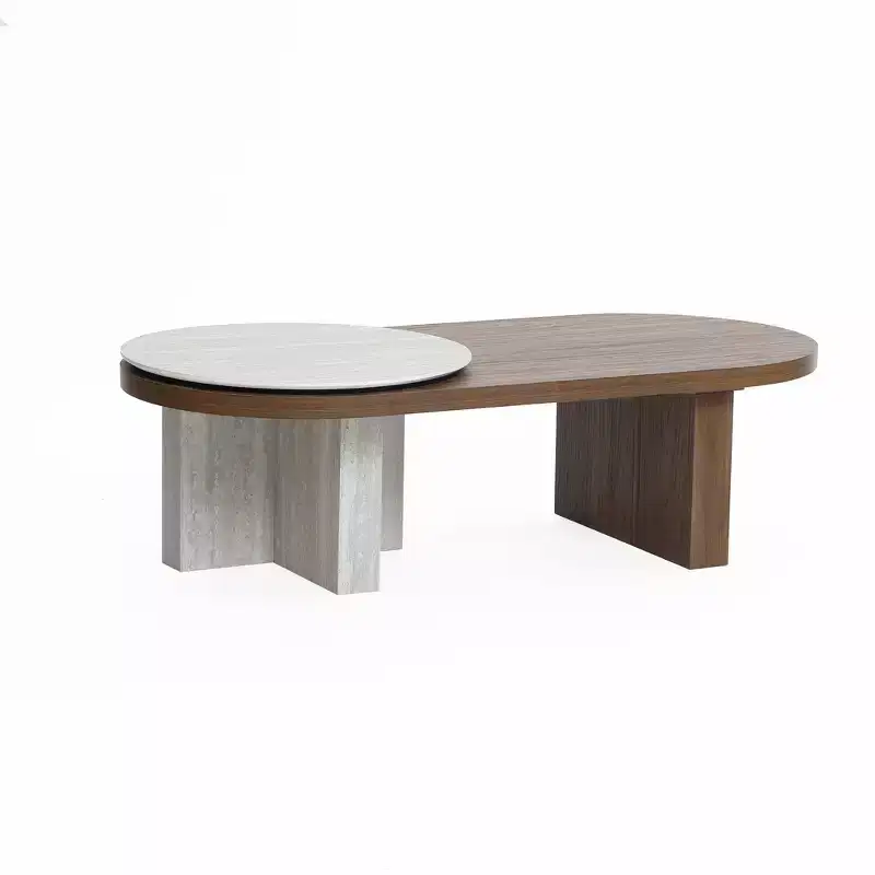 LuxenHome Travertine-Style and Walnut Finish MDF Wood Oval Coffee Table Brown