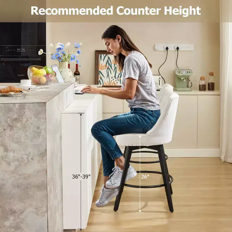 Bar Stools, Set of 4 Counter Height 26 in H Swivel Bar Stools with Back, Wood Legs Upholstered Linen Beige