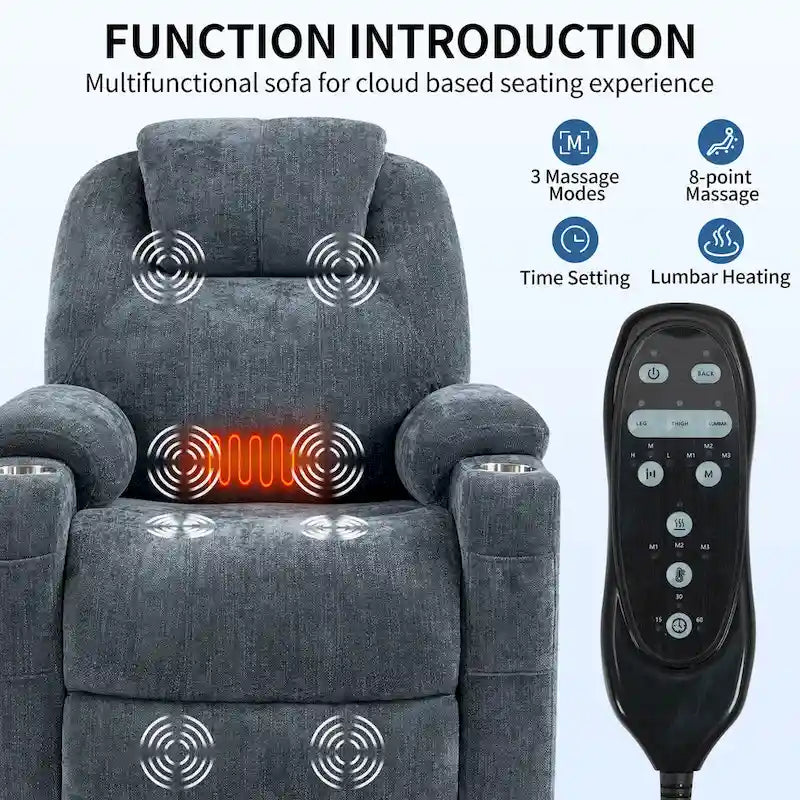 Power Lift Recliner | 8-Point Massage | Lumbar Heat | Dual USB | Steel Cup Holders | Blue