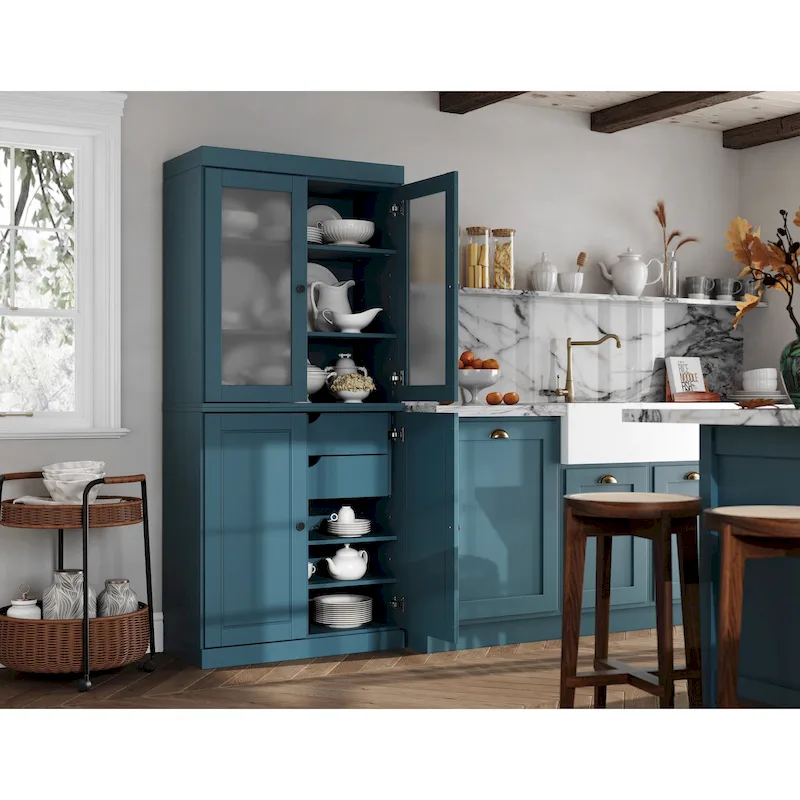 Armoire de rangement 100 % bois massif avec portes en verre dépoli, portes pleines, 2 tiroirs et étagères réglables.