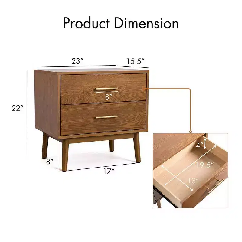 HOMES: Inside + Out Riverstone Mid-Century Modern 2 Drawer Nightstand Walnut