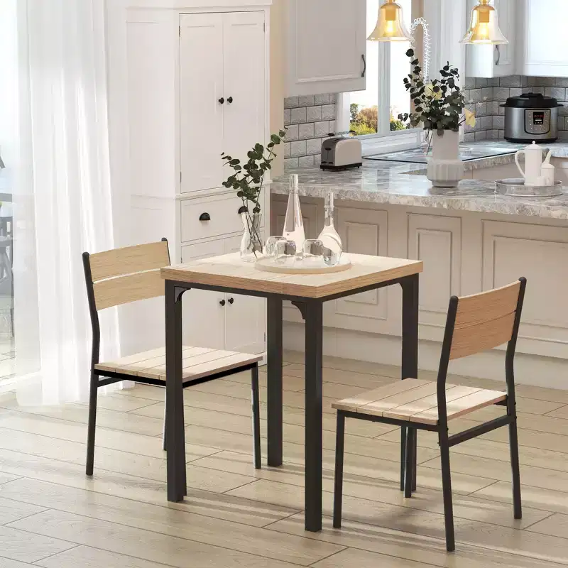 3-Piece Wooden Square Dining Table Set with 1 Table and 2 Chairs and Sturdy Metal Frame for Small Space
