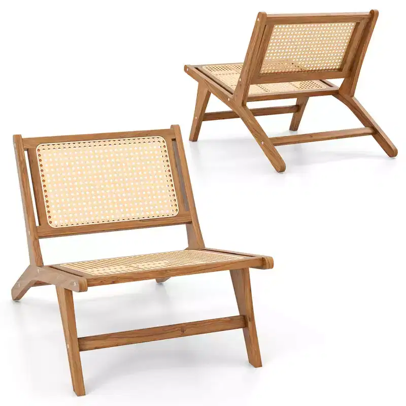 Costway 1/2 PCS Mid Century Modern Teak Wooden Chair with Handwoven Rattan Seat & Backrest
