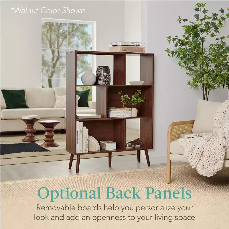 Best Choice Products 3-Tier Mid-Century Modern Wooden Bookcase w/ Removable Back Panels, Offset Pine Legs