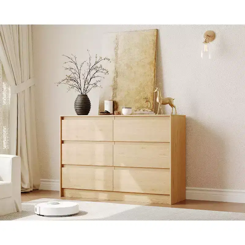 Farmhouse 6 Drawer Dresser, 47 Inch Wide Chest of Drawers with Handle-Less Design, Natural Oak Wooden Storage Cabinet for Bedroom(Retro Brown)