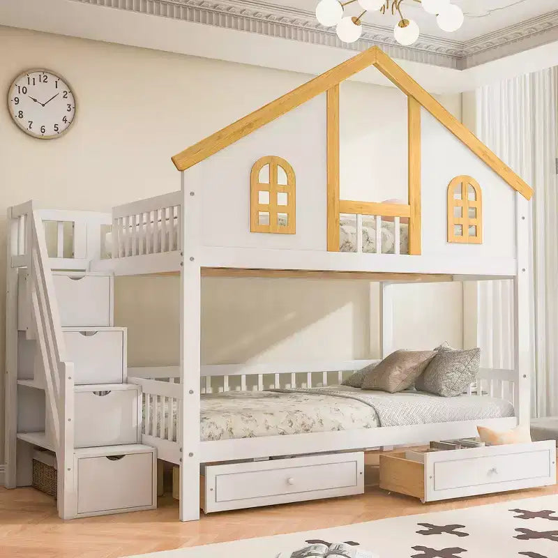 Whisen Twin Size Bunk Bed with Window Door and Roof, Storage Drawers and Staircase