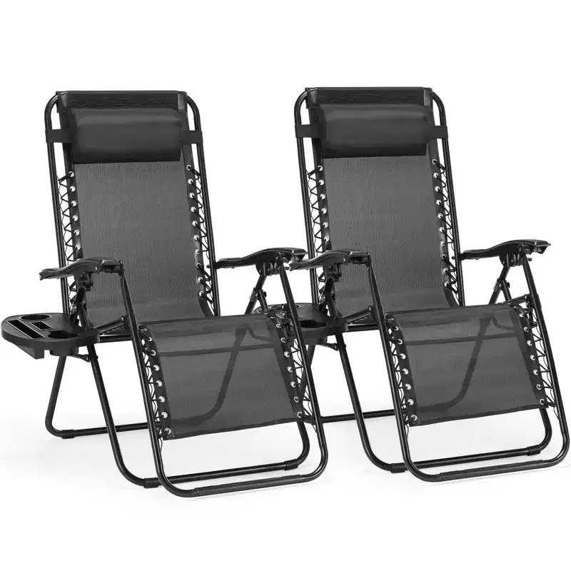Bestier Set of 2 Portable Folding Reclining Lounge Chairs, Zero Gravity Chairs with Adjustable Pillow, Cup Holder for Outdoor, Patio, Beach, Camping