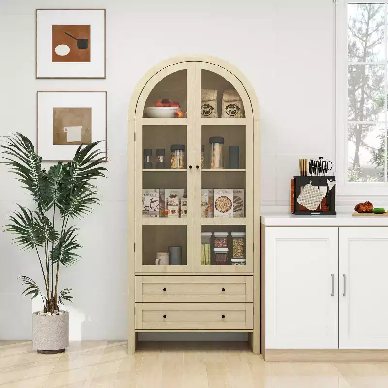 Arched Display Cabinet, Sideboard with 2 Doors and 2 Drawers, Freestanding Cabinet for Living Room, Dining Room, Office, Natural