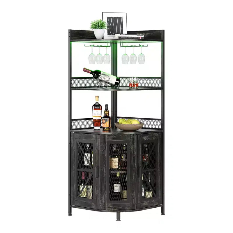 Industrial Corner Bar Cabinet with Power Outlet, 5-Tier Wine Cabinet w/ LED Strip & Glass Holder, Liquor Display Storage Cabinet for Home Bar