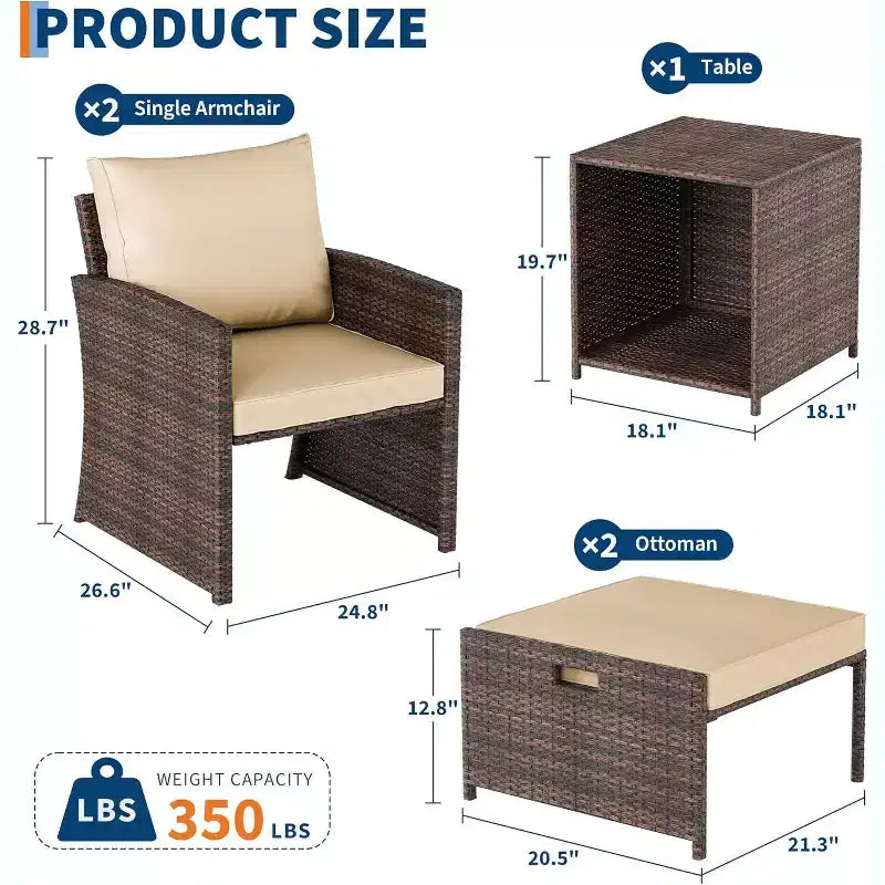 5-Piece High Back Patio Sofa Set, PE Rattan Outdoor Furniture with Soft Cushions, 2 Ottomans and Table, for Garden, Balcony, Porch, Poolside