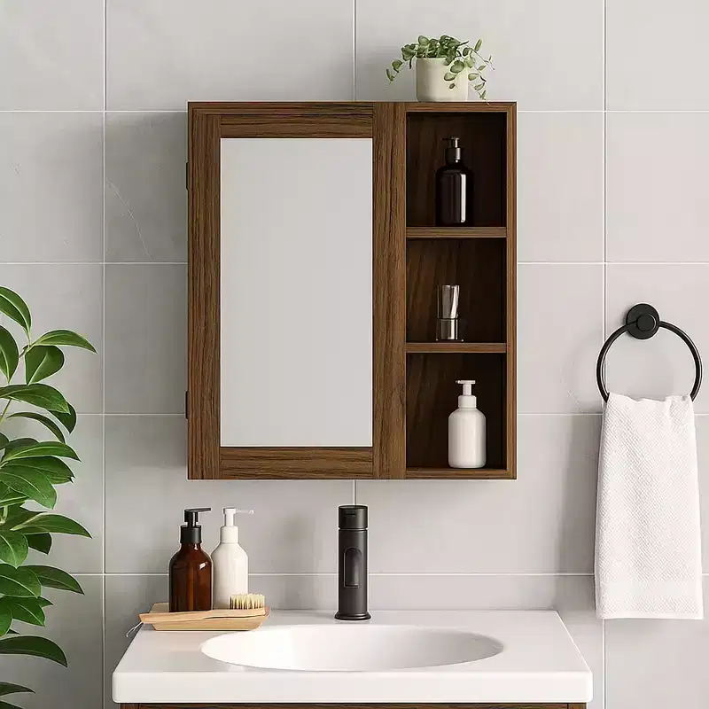 Mirrored Medicine Cabinet with Open Shelves, Walnut, Mid-Century Modern, MDF