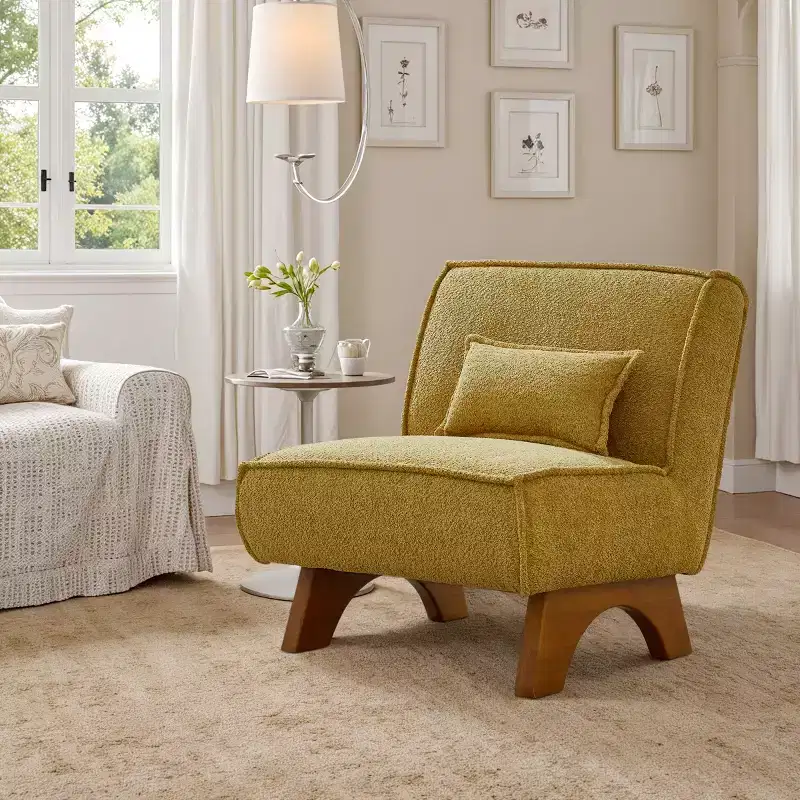 Art Leon Fabric Upholstered Accent Slipper Chair with Removable Pillow and Wood Legs