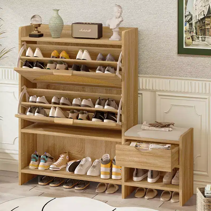 MAYEERTY Shoe Storage Cabinet Rattan with 2 Flip Drawers a Storage Drawer and a Bench for Entryway and Hallway Light Brown