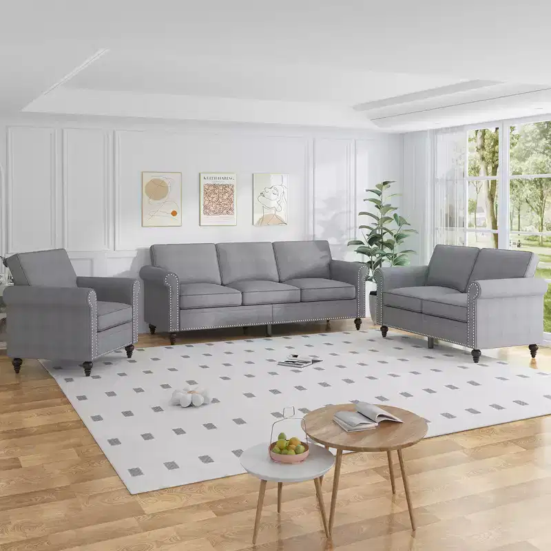 Mjkone 3 Piece Linen Living Room Sofa Set,Modern 3-Seater Sofa Couch&Loveseat Sofa&Single Sofa Armchair Set