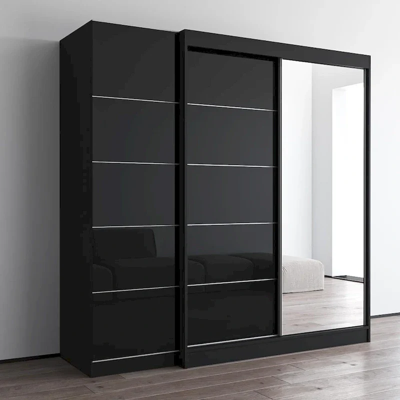 2-Door Wardrobe with Mirror, Glass Front, 2-Person (Gray / Black / White)