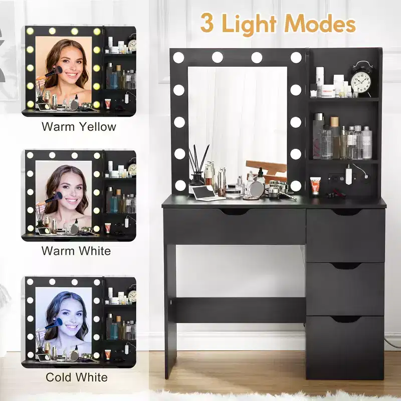 Makeup Vanity with Drawers, White Vanity Desk with Mirror and Lights in 3 Colors