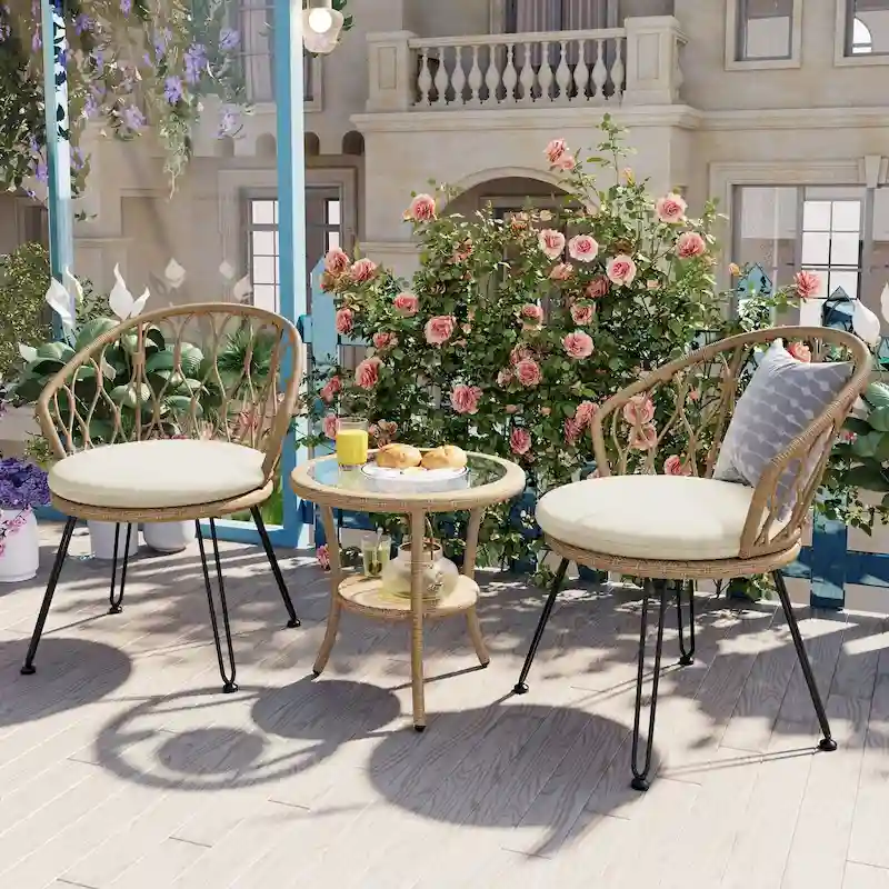 Outdoor Leisure Set, 2 Rattan Single Chairs with A Glass Round Table, Perfectly Suited for Patios, Balconies, and Courtyards