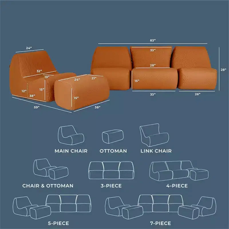 Big Joe Solvana Outdoor Patio Furniture Set, Weather-Resistant Cool Touch Silicone Stitched Leather Sofa, 5 Piece Sectional, Honey Sand