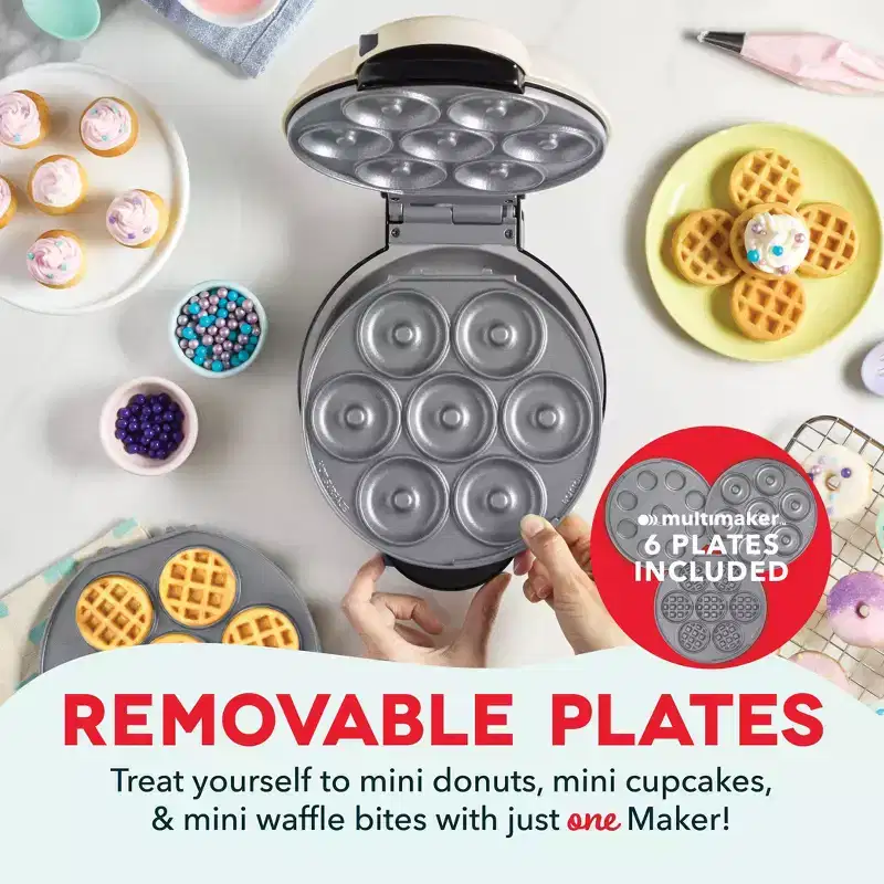 Dash MultiMaker Treat Maker System with Waffle Bite, Mini Donut, & Mini Cupcake Plates Cream: Nonstick, 7 Cavities, 800W