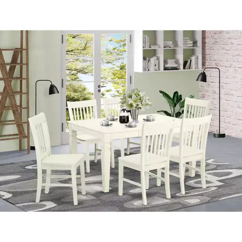 Nordic Dining Set 7Pc - Linen White Table & Kitchen Stools - Modern Farmhouse Style