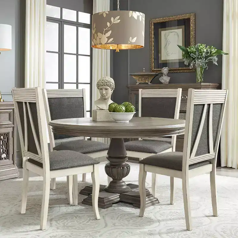 LuxenHome Set of 2 Distressed Off White Rubberwood and Gray Upholstered Dining Chair