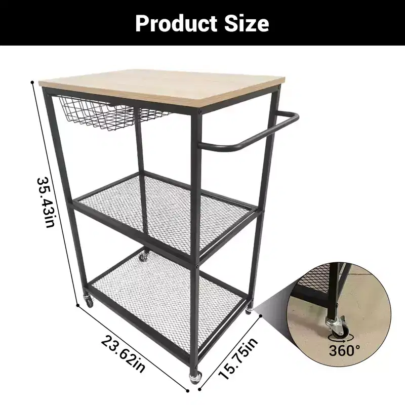 Kitchen Utility Cart, 3 Tier Rolling Storage Cart with Lockable Wheels, Vintage Microwave Kitchen Carts for Kitchen Island Living Room Office, Black