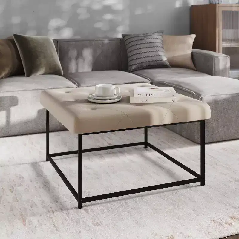 Emma and Oliver 30 in. Faux Leather Square Ottoman with Tufted Design and Sturdy Iron Frame