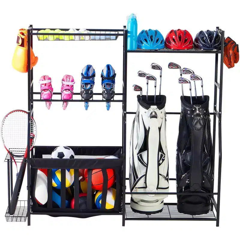 LUGO Garage Sports Equipment Organizer with Baskets & Hooks: Steel Storage Shelves, Open Shelves, Black, 5 Shelves