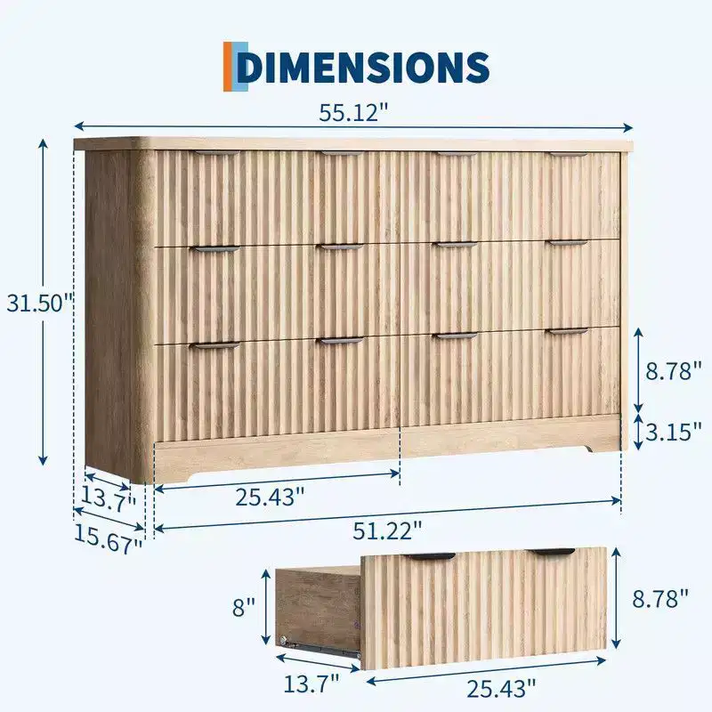 Fluted 6 Drawer Dresser, Modern Wooden Dresser with Wood Top, Sturdy Clothes Storage Cabinet for Bedroom