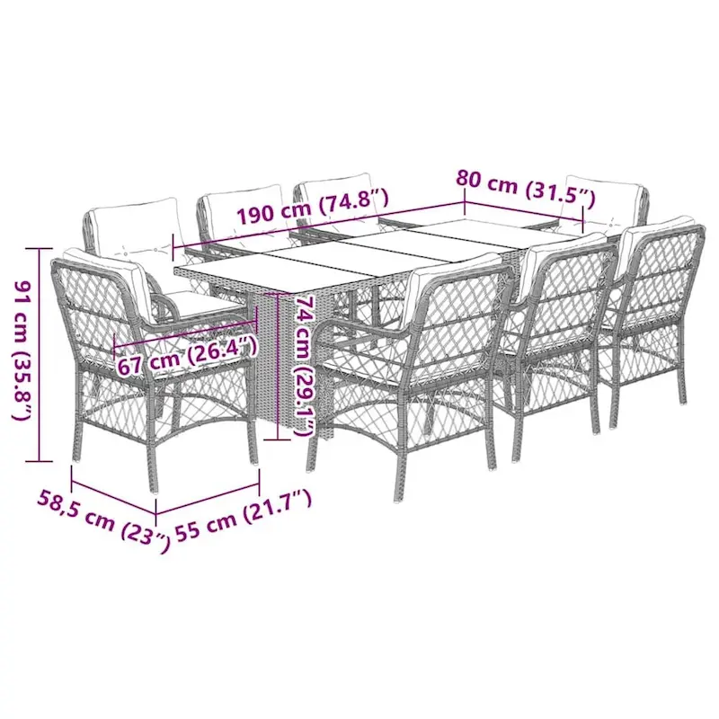 vidaXL Patio Dining Set with Cushions Table and Chair 7 Piece Poly Rattan