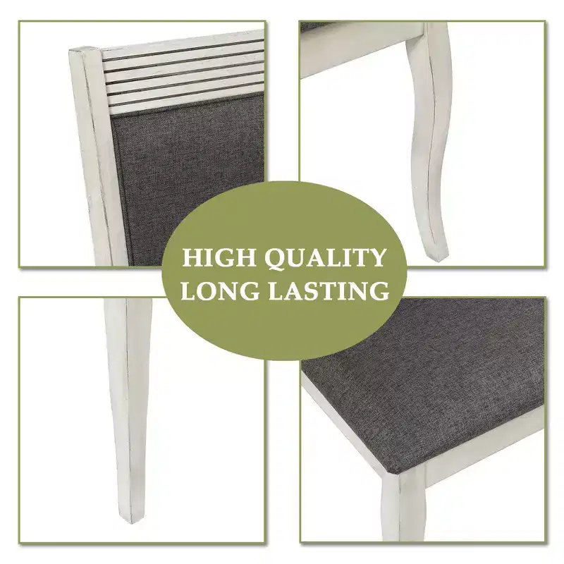 LuxenHome Set of 2 Distressed Off White Rubberwood and Gray Upholstered Dining Chair