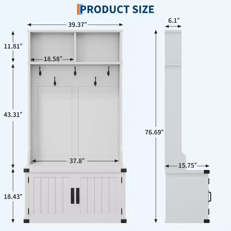 76 White Farmhouse Hall Tree with Bench, Shoe Storage, 5 Tri-Hooks Coat Rack, Adjustable Shelf, Mudroom Entryway Organizer, Space-Saving, White