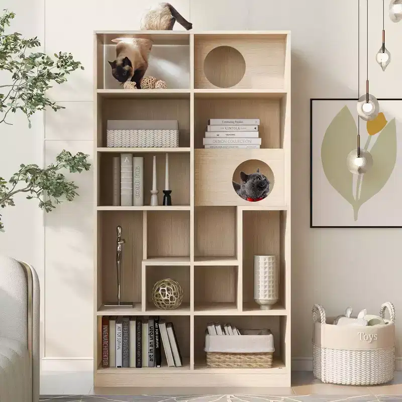 Modern Bookshelf with Cat Litter Box, Display Case with Cat Climbing Shelf, 2 in 1 Bookcase for Living Room, Bedroom, Natural