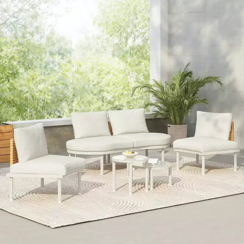 Whisen 6-Piece Half Moon Patio Sofa Set with 2 Coffee Tables and 4 Pillows, PE Rattan Sectional