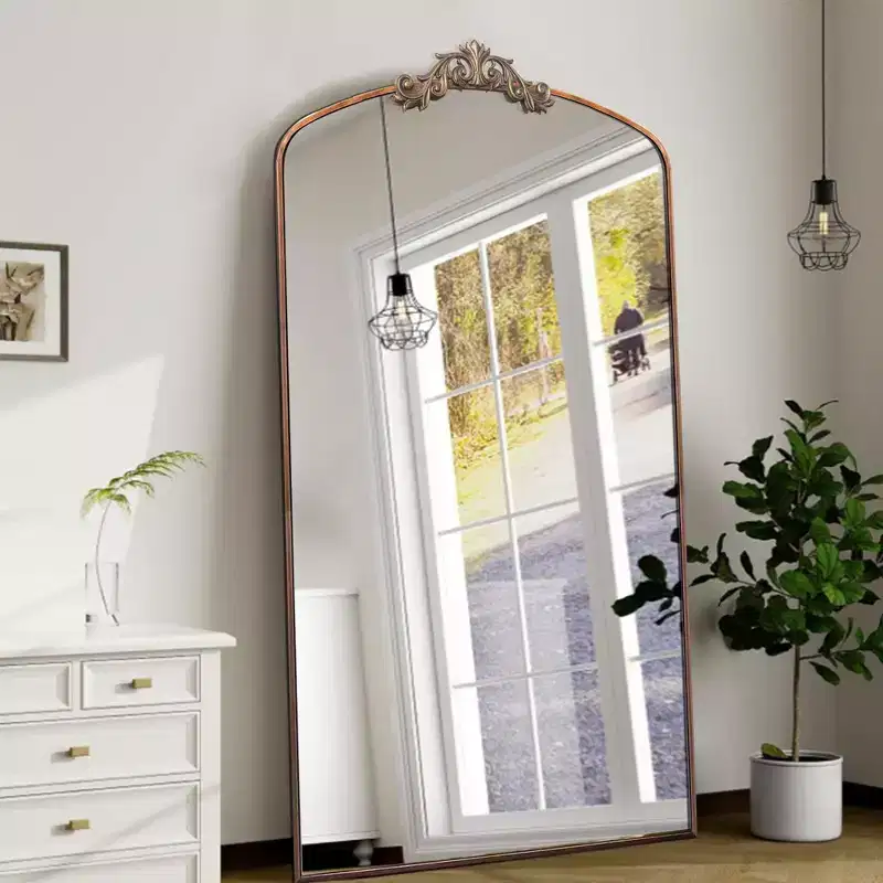 Modern Vintage Full Length Mirror with Ornate Arch, Beige