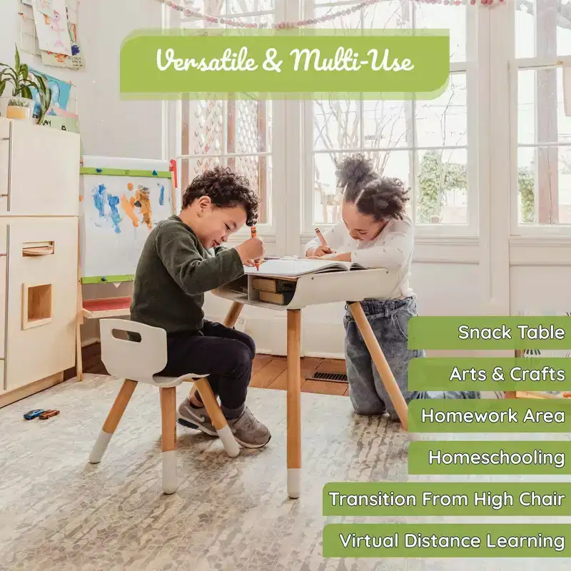 WeeSprout Toddler Desk & Chair Set, Sturdy Solid Wood Legs + Desk Surface, Adjustable Height