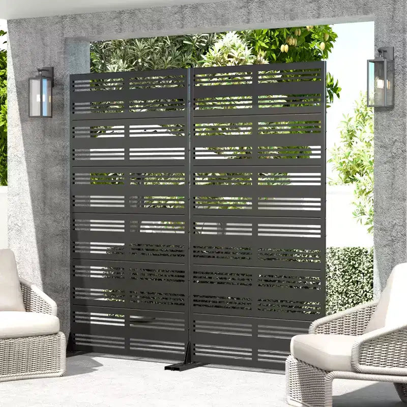 Louvered Black Galvanized Steel Privacy Screen, Indoor & Outdoor Divider, 6 Panels